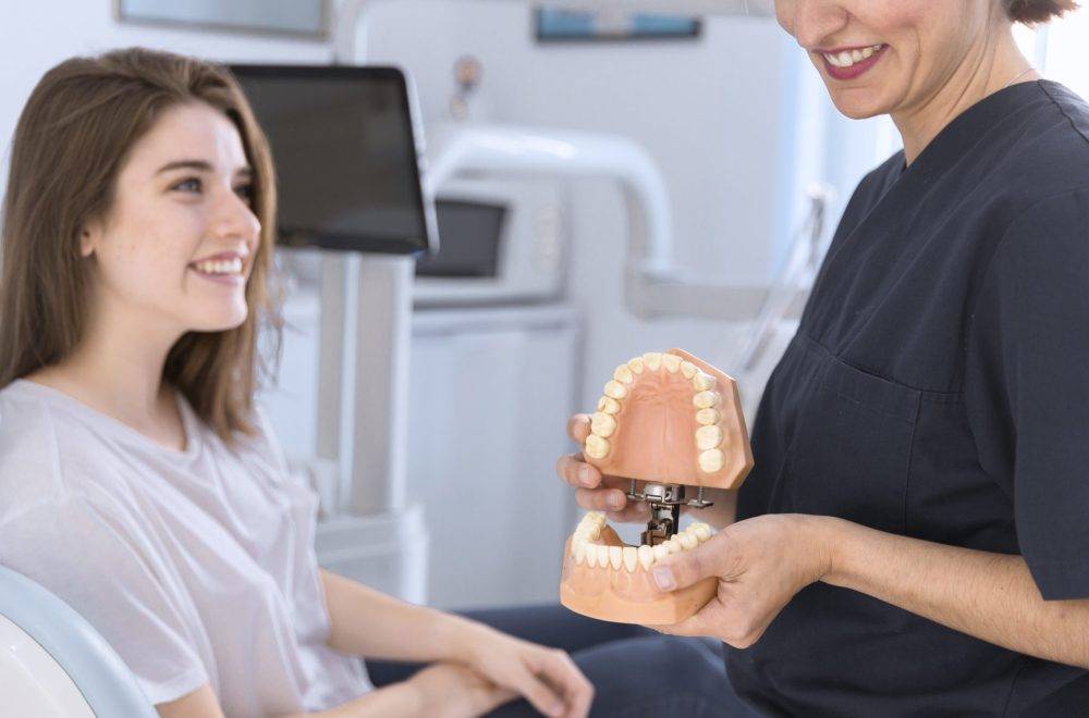 dentist-showing-teeth-model-smiling-patient